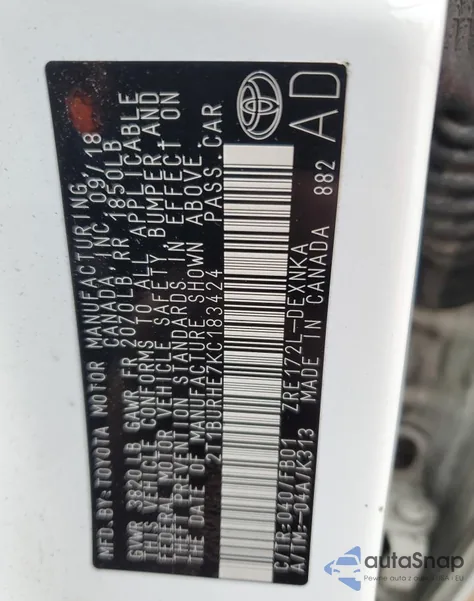 2019 Toyota Corolla L из США, поврежденный, VIN 2T1BURHE7KC183424